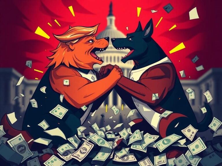 Flick International Abstract representation of a political brawl symbolized by two large, intertwined dogs in a fierce clash