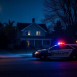 Flick International Dimly lit suburban street with a police cruiser during a swatting incident