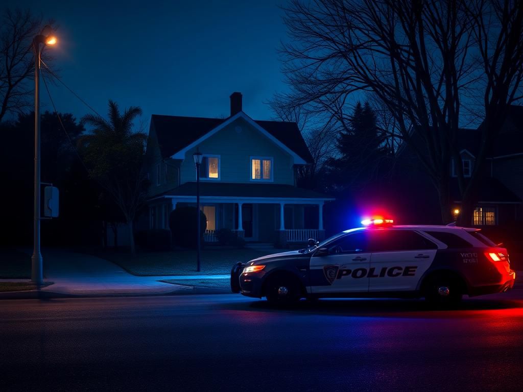Flick International Dimly lit suburban street with a police cruiser during a swatting incident