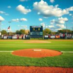 Flick International High school softball field showcasing Champlin Park's championship victory with vibrant colors and protest signs in the background