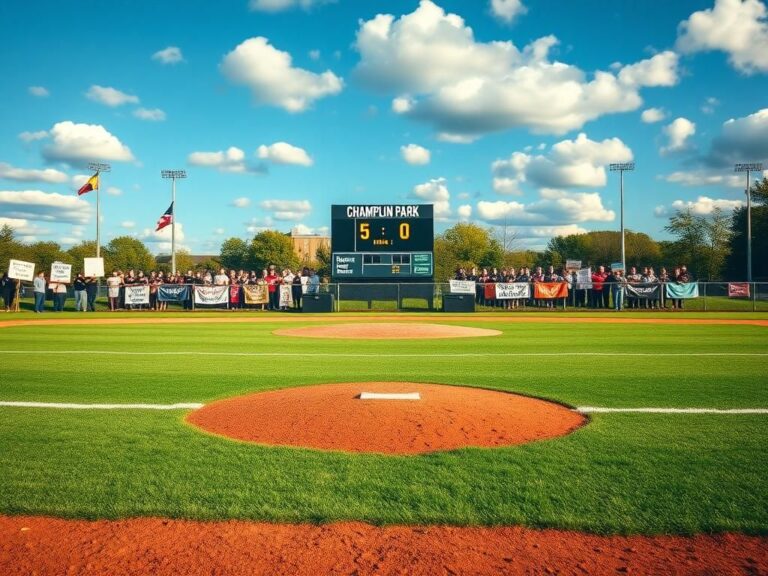 Flick International High school softball field showcasing Champlin Park's championship victory with vibrant colors and protest signs in the background