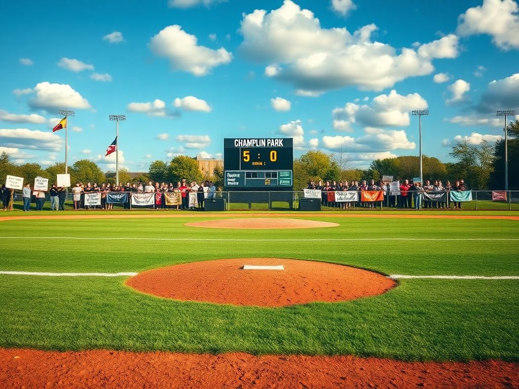 Flick International High school softball field showcasing Champlin Park's championship victory with vibrant colors and protest signs in the background