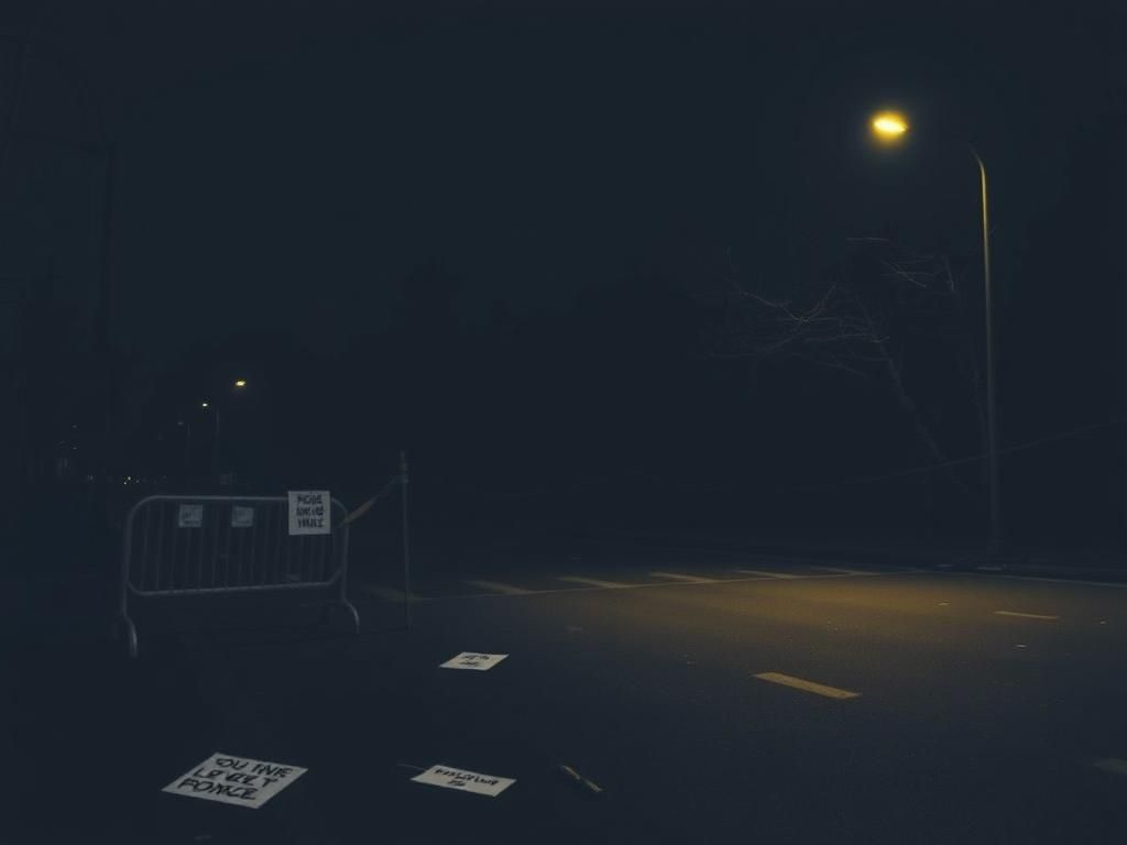 Flick International A dark street scene with empty police barricades and ominous trees at night