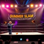 Flick International Dramatic wrestling ring set for faceoff between Donald Trump and Elon Musk, under vibrant floodlights