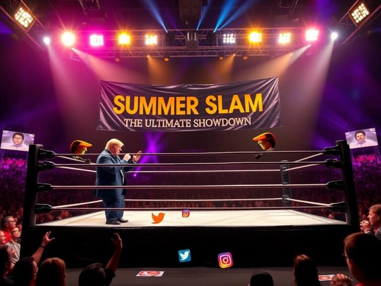 Flick International Dramatic wrestling ring set for faceoff between Donald Trump and Elon Musk, under vibrant floodlights