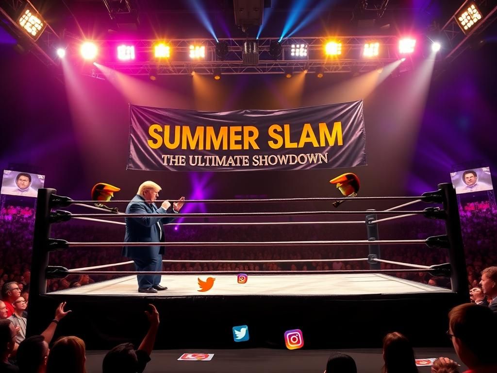 Flick International Dramatic wrestling ring set for faceoff between Donald Trump and Elon Musk, under vibrant floodlights