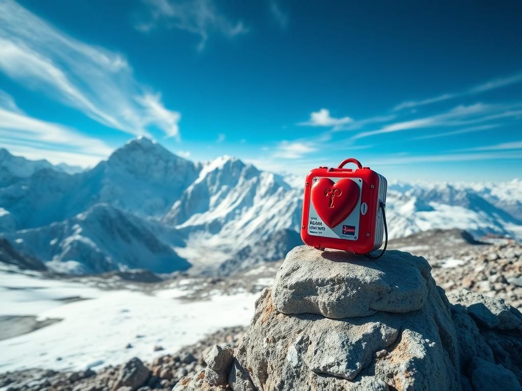 Flick International A defibrillator mounted on a rocky outcrop with a backdrop of Mount Everest's snowy peaks