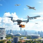 Flick International A futuristic landscape showcasing flying cars and drones over a modern city skyline