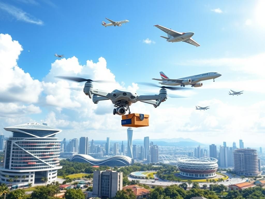 Flick International A futuristic landscape showcasing flying cars and drones over a modern city skyline