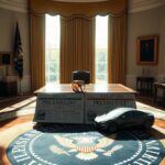 Flick International Grand Oval Office with polished wooden desk and presidential seal, sunlight casting dramatic shadows