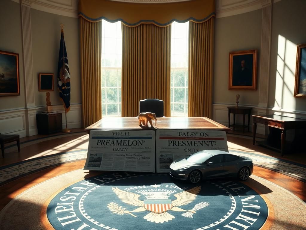 Flick International Grand Oval Office with polished wooden desk and presidential seal, sunlight casting dramatic shadows
