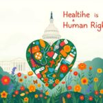 Flick International Conceptual illustration of a vibrant heart made of healthcare symbols surrounded by flowers, conveying the message of universal healthcare