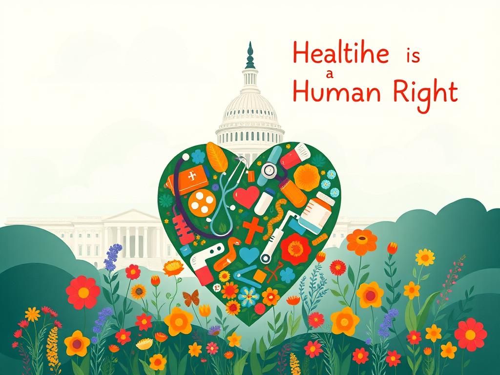 Flick International Conceptual illustration of a vibrant heart made of healthcare symbols surrounded by flowers, conveying the message of universal healthcare