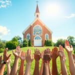Flick International Hands reaching towards a traditional church building symbolizing hope and community