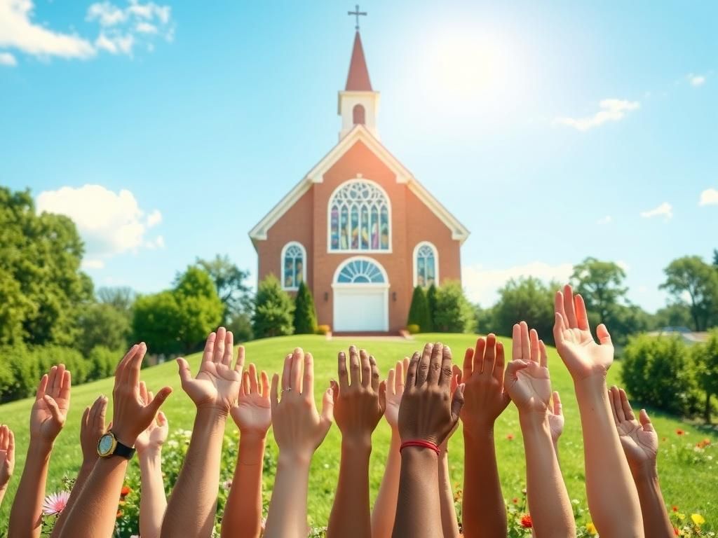 Flick International Hands reaching towards a traditional church building symbolizing hope and community