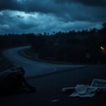 Flick International A worn backpack abandoned on a dimly lit highway, symbolizing the perilous journey of migrants.