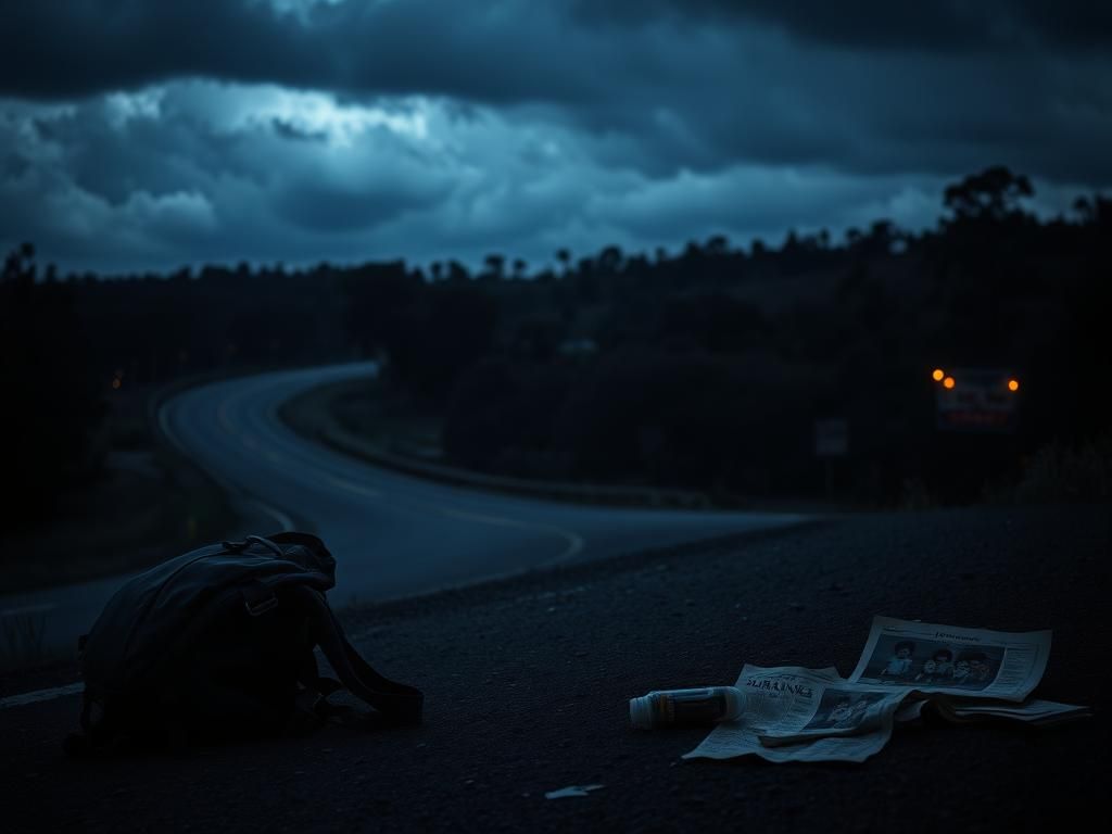 Flick International A worn backpack abandoned on a dimly lit highway, symbolizing the perilous journey of migrants.