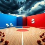 Flick International A divided basketball court symbolizing political tensions with contrasting Democratic and Republican colors