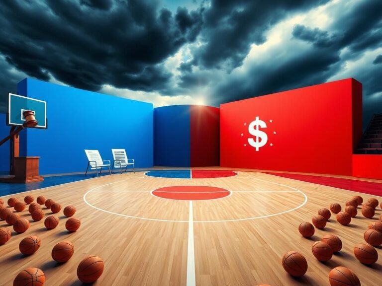 Flick International A divided basketball court symbolizing political tensions with contrasting Democratic and Republican colors
