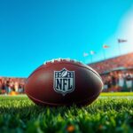 Flick International Close-up of a football on the turf with NFL logo during a vibrant game atmosphere