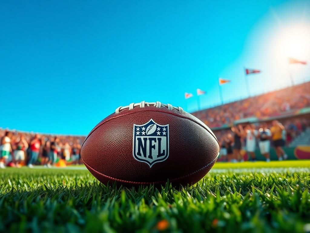 Flick International Close-up of a football on the turf with NFL logo during a vibrant game atmosphere