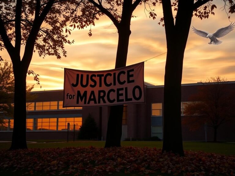 Flick International A banner reading 'Justice for Marcelo' at Milford High School during sunset, symbolizing community solidarity