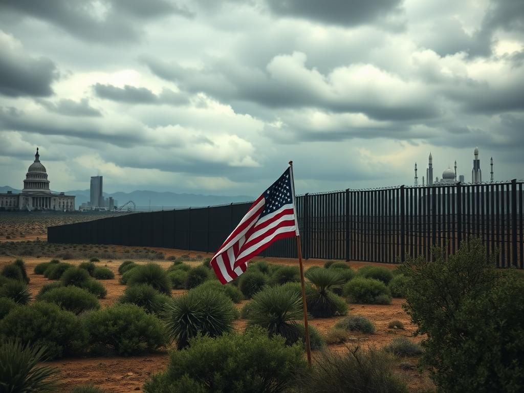 Flick International Partially constructed border wall with American flag under a cloudy sky