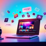 Flick International A vibrant digital workspace depicting video creation tools with a modern laptop and creative icons.