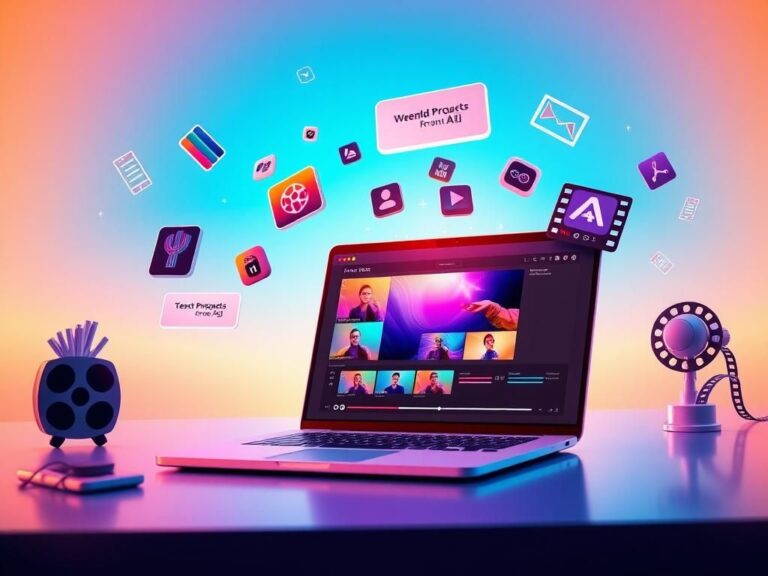 Flick International A vibrant digital workspace depicting video creation tools with a modern laptop and creative icons.