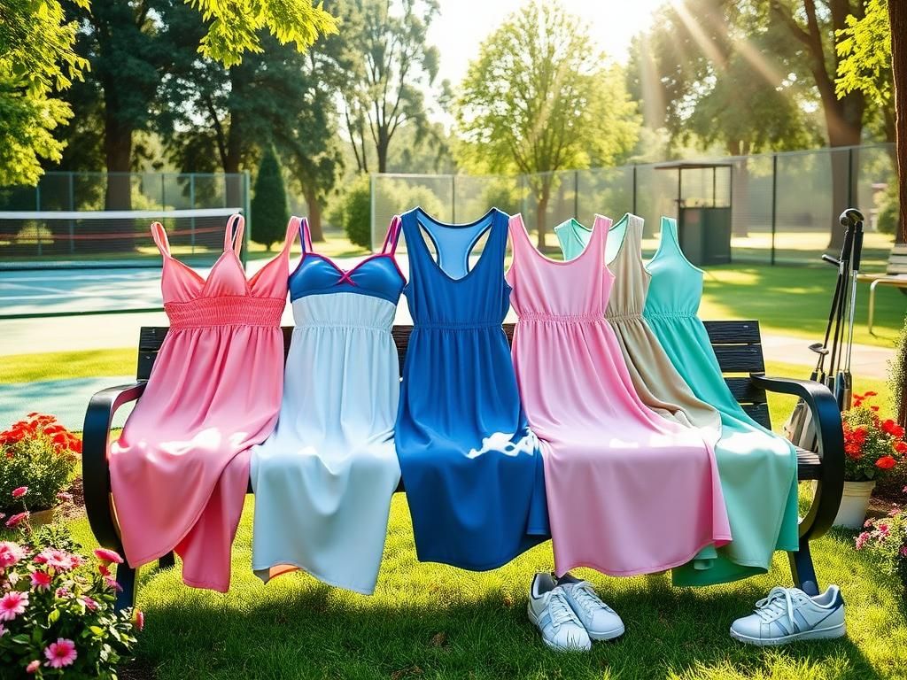 Flick International A vibrant summer scene showcasing stylish athletic dresses on a sunlit park bench