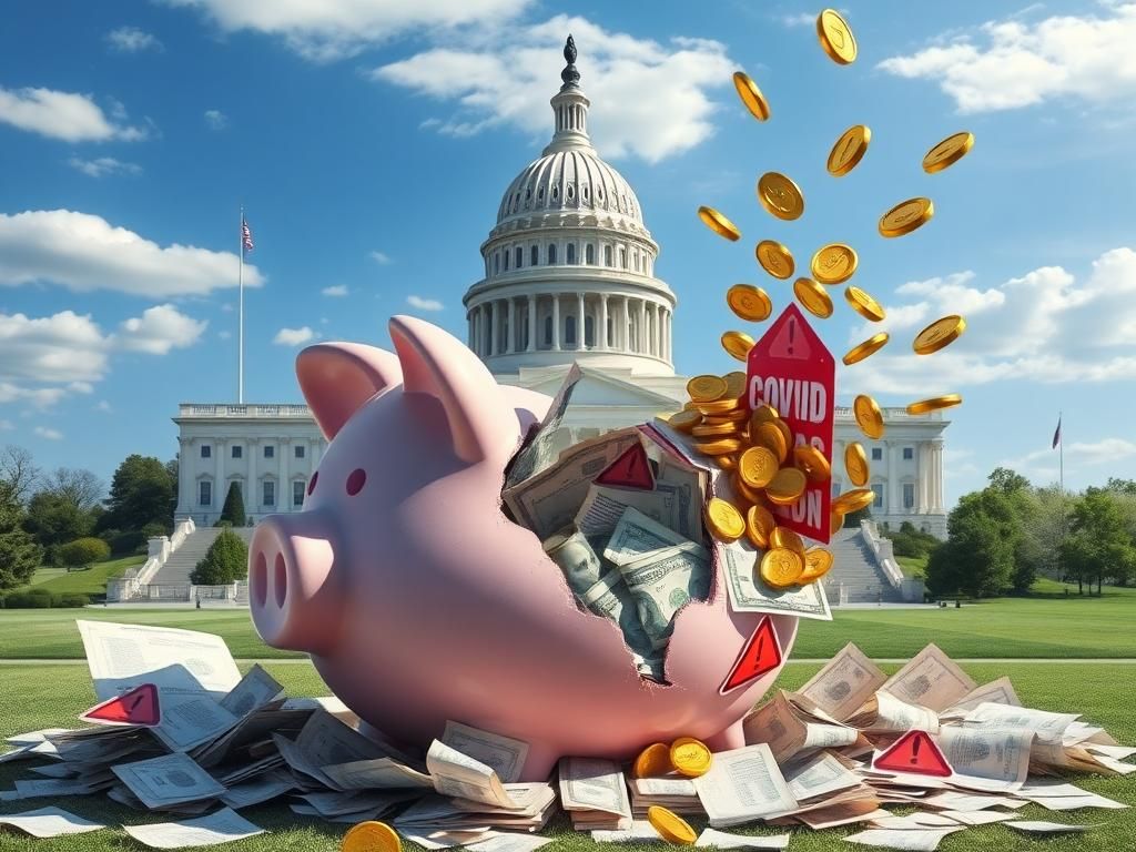 Flick International Elegant Capitol building with a cracked piggy bank overflowing with paperwork, symbolizing government waste