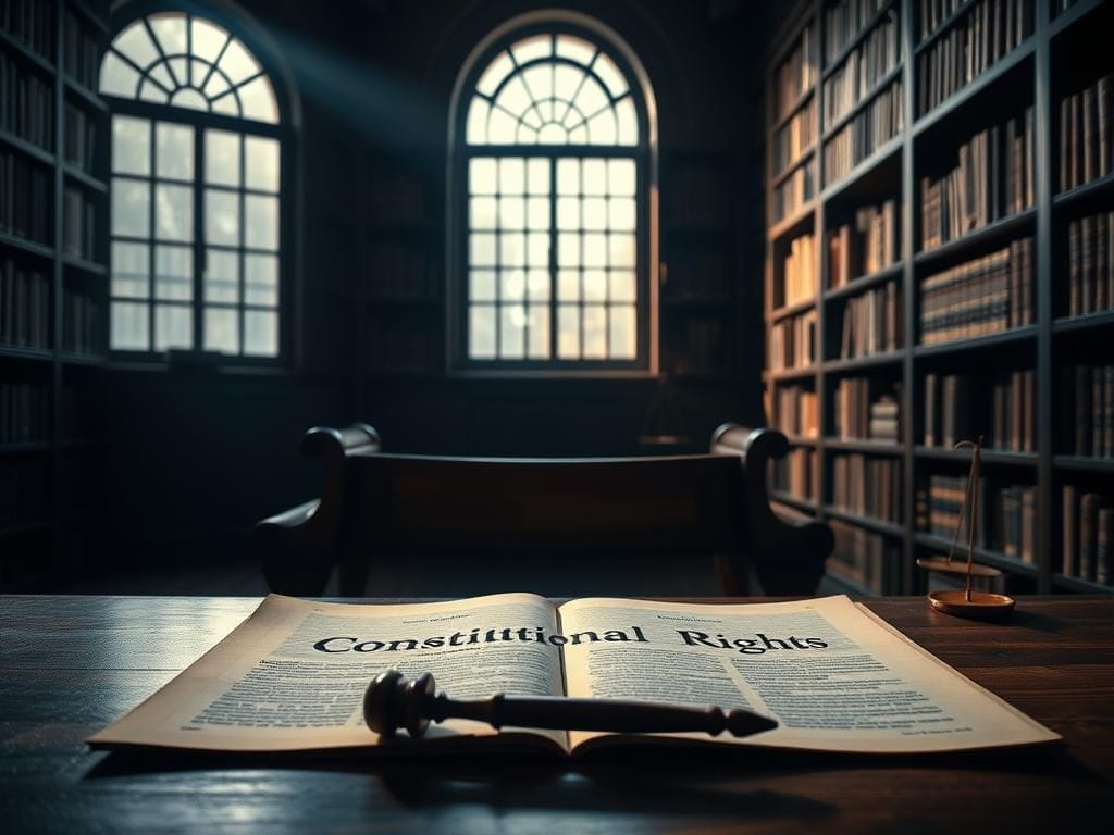 Flick International A dimly lit courtroom scene with an empty wooden bench and an open legal document symbolizing justice