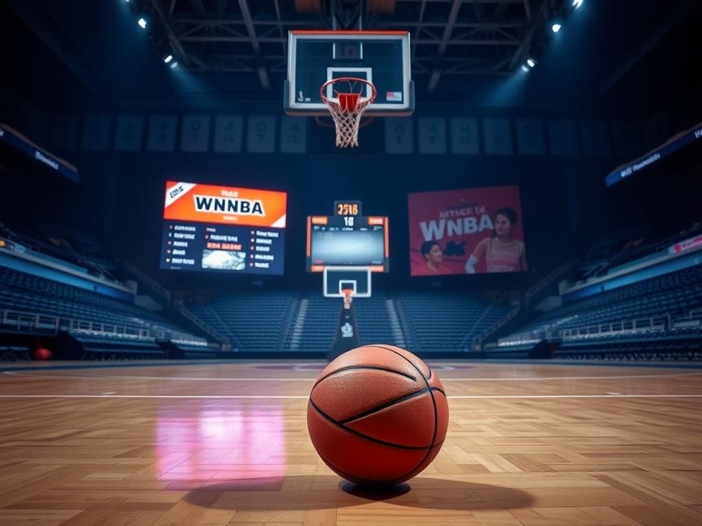 Flick International A basketball court with a basketball resting on the floor, depicting the tension surrounding the WNBA's media coverage decisions