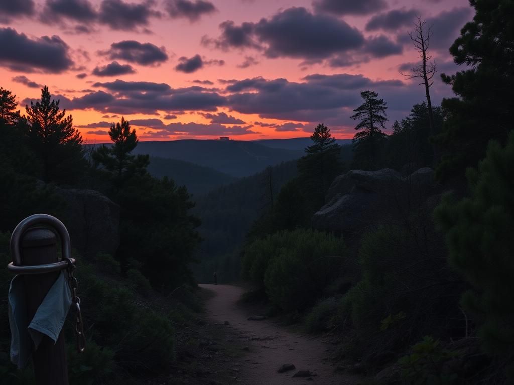 Flick International Dense Ozark landscape at dusk with winding path symbolizing escape route