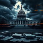 Flick International Dark image of the U.S. Capitol building under a stormy sky with legal documents in the foreground