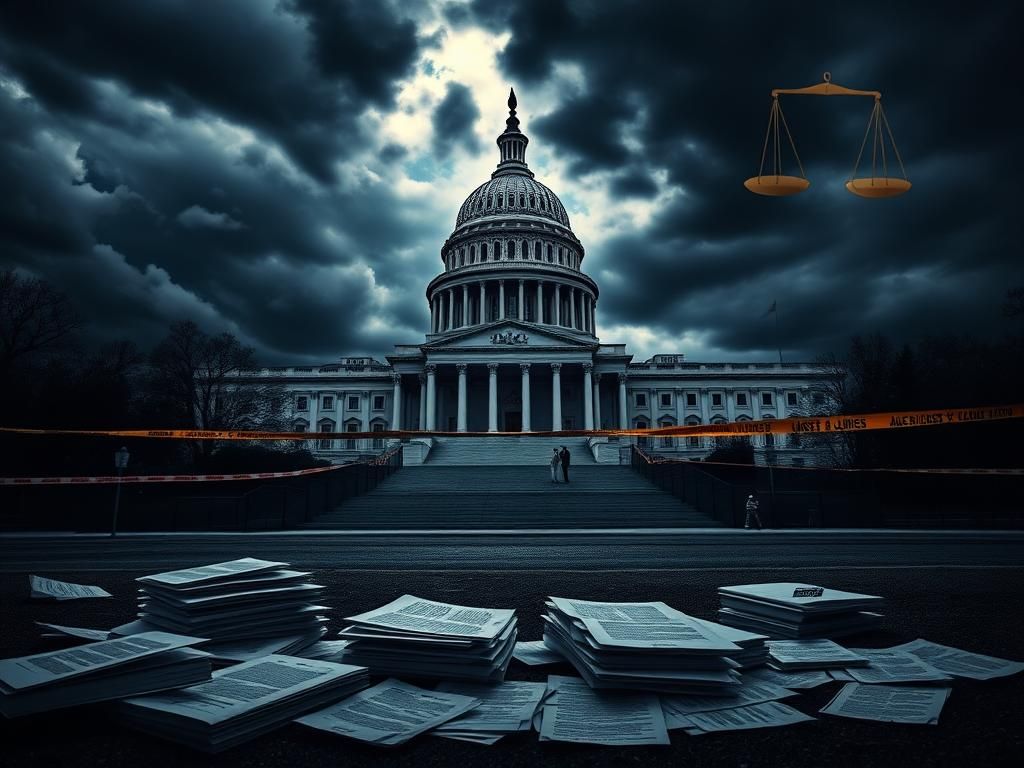 Flick International Dark image of the U.S. Capitol building under a stormy sky with legal documents in the foreground