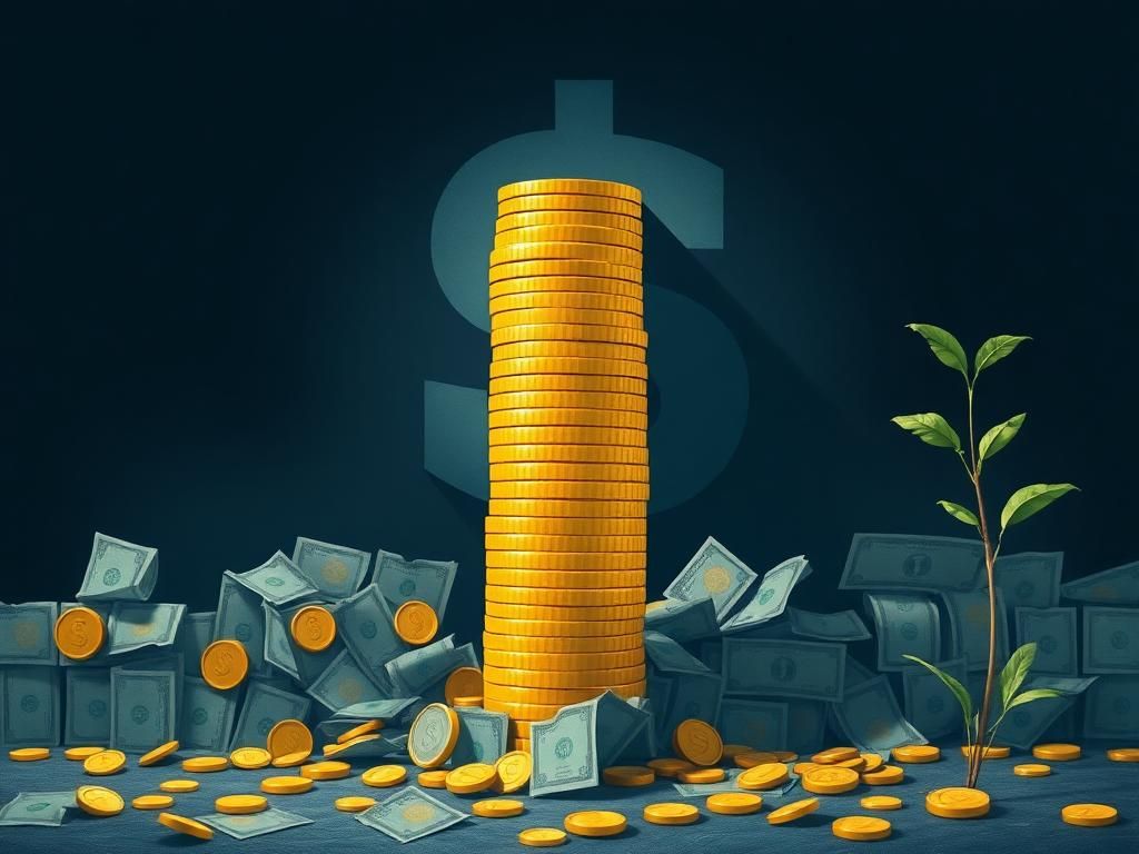 Flick International A towering stack of gold coins symbolizing wealth against a crumbling wall of banknotes representing national debt