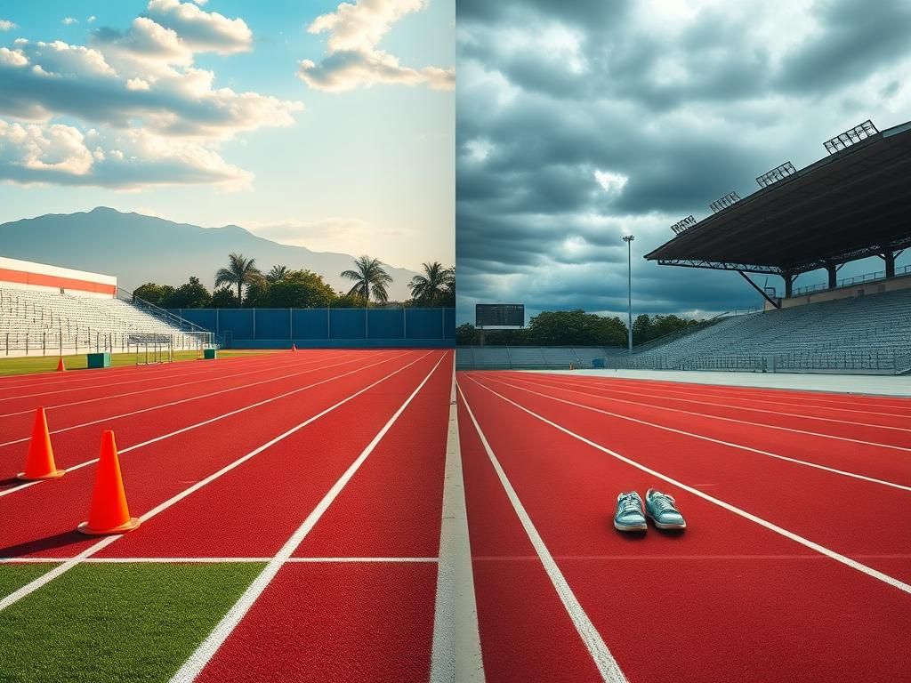 Flick International Split-image showing vibrant girls' track and field area on the left and a subdued empty sports arena on the right, illustrating the debate over biological men in women's sports.