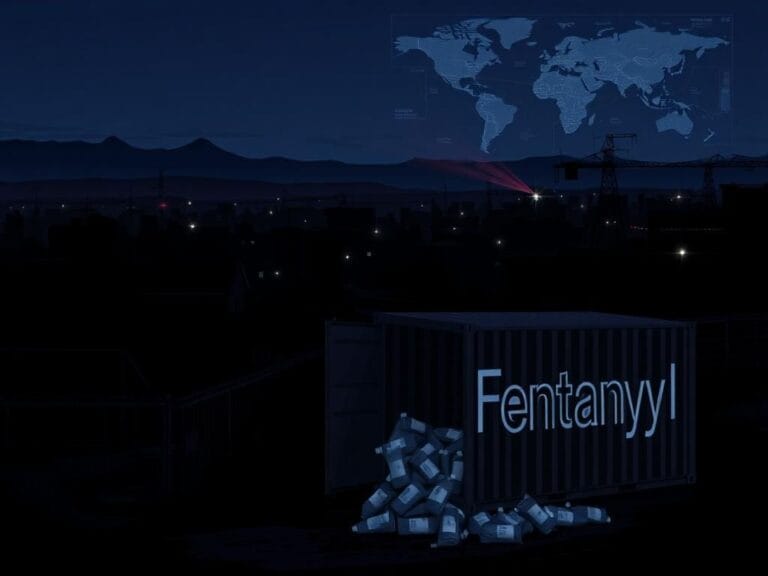 Flick International Dark urban landscape depicting shadowy silhouettes, representing drug trafficking and terrorism concerns.