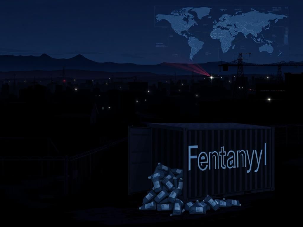 Flick International Dark urban landscape depicting shadowy silhouettes, representing drug trafficking and terrorism concerns.