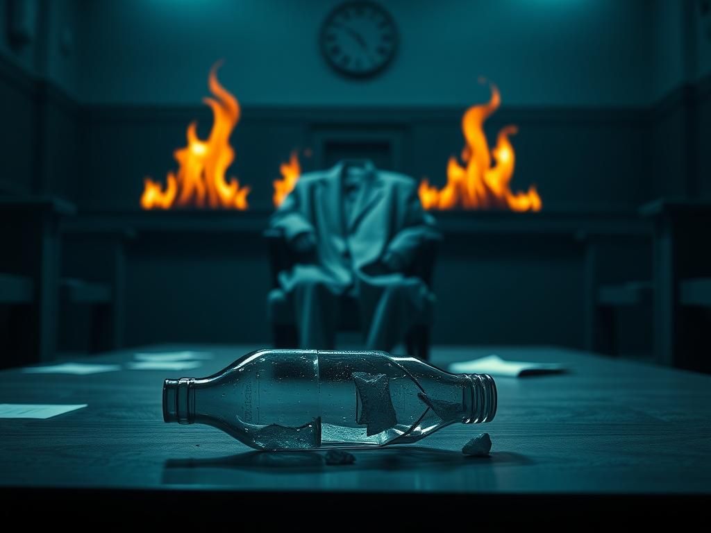 Flick International An empty green jumpsuit draped over a chair in a dimly lit courtroom, symbolizing the suspect's presence at the federal hate crime hearing.
