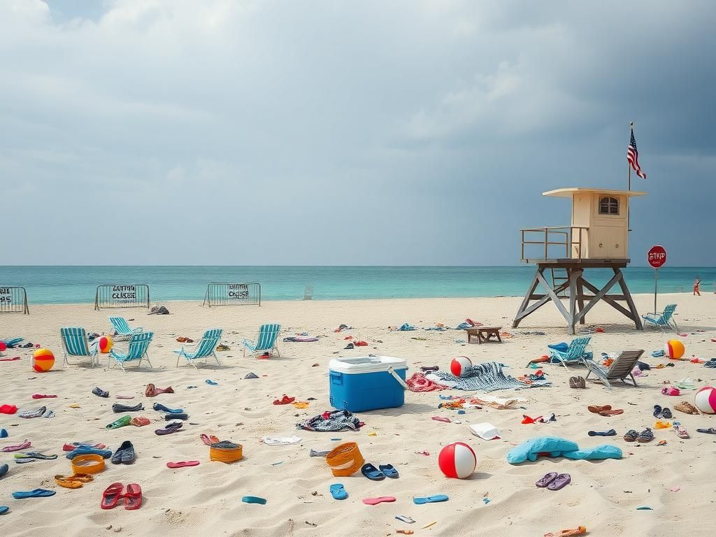 Flick International Chaotic scene at Jones Beach showing discarded items and overturned beach chairs after a teenage gathering