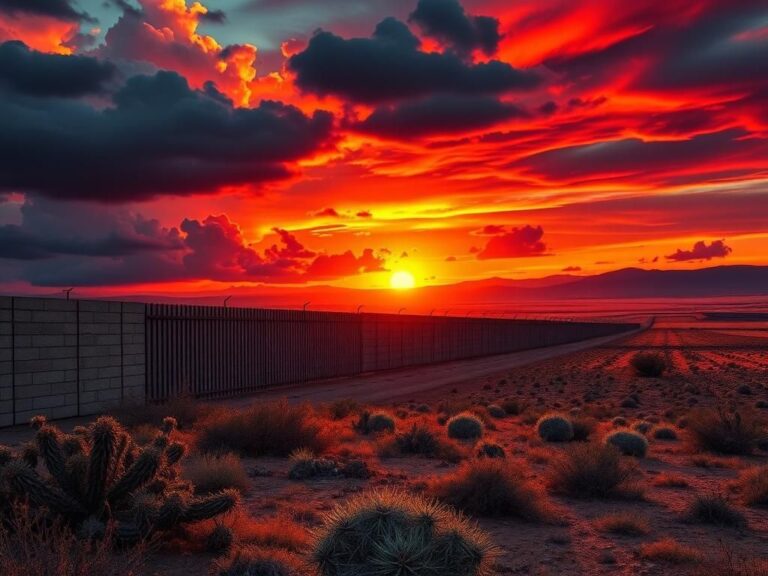 Flick International Vast border wall stretching across a desert landscape at sunset