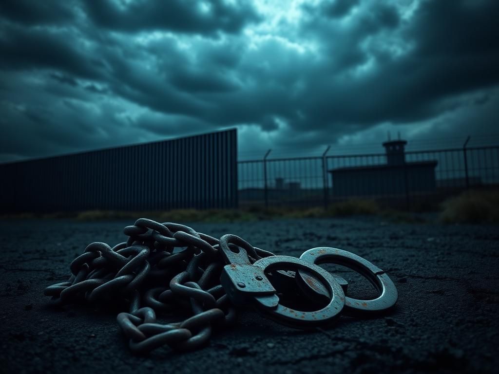 Flick International A dramatic border scene with a large wall, chains, and a silhouetted prison highlighting immigration issues