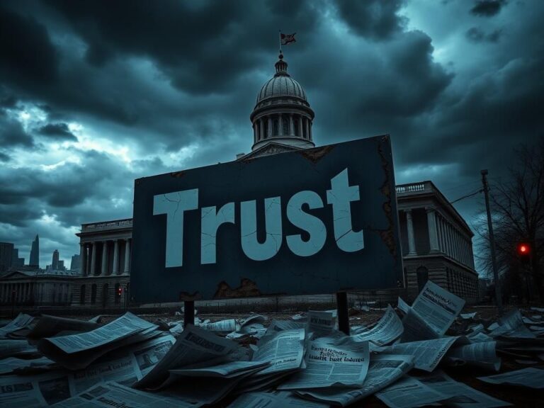 Flick International A weathered 'Trust' sign in front of a crumbling government building under dark storm clouds, symbolizing political tension.