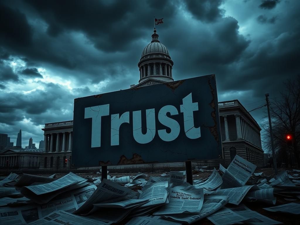 Flick International A weathered 'Trust' sign in front of a crumbling government building under dark storm clouds, symbolizing political tension.