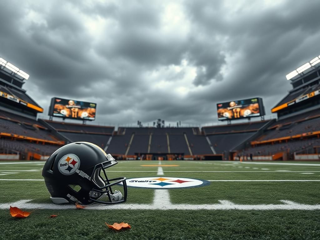 Flick International A dramatic view of an empty football stadium in Pittsburgh with a Steelers helmet on the 50-yard line.