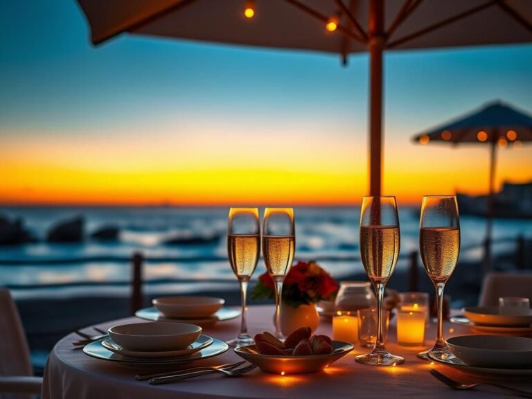 Flick International Coastal sunset scene featuring an elegantly arranged table for an intimate gathering