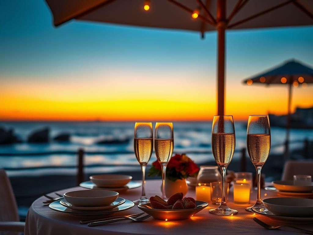 Flick International Coastal sunset scene featuring an elegantly arranged table for an intimate gathering