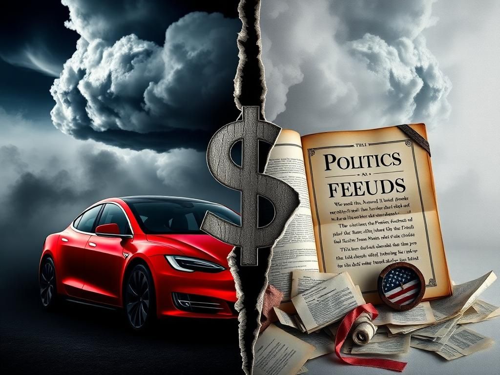Flick International A dramatic split image symbolizing the tension between Elon Musk and Donald Trump, featuring a cracked dollar sign, Tesla car silhouette, and a weathered book labeled 'Politics'.